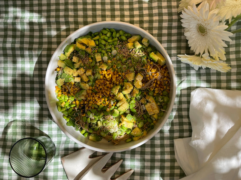 Vibrant Soba Salad with Edamame, Corn, Spinach, Avo, Sesame
