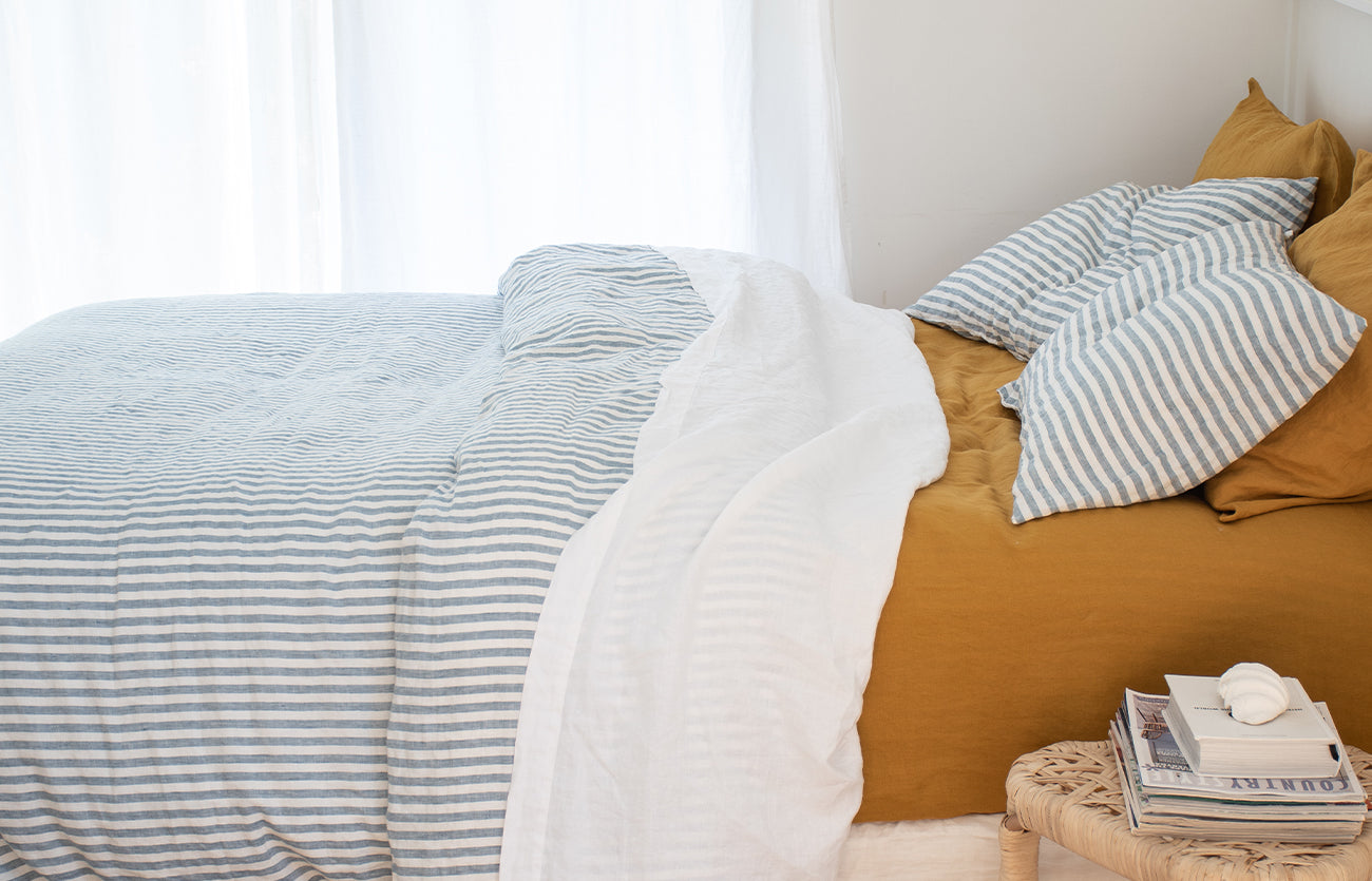 Marine Blue & Mustard French Linen Bedding Lookbook