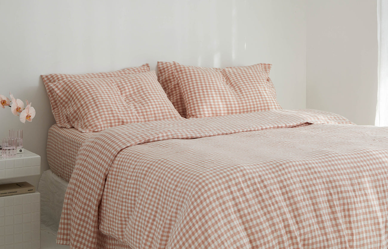 French Flax Linen Sheets in Clay Gingham