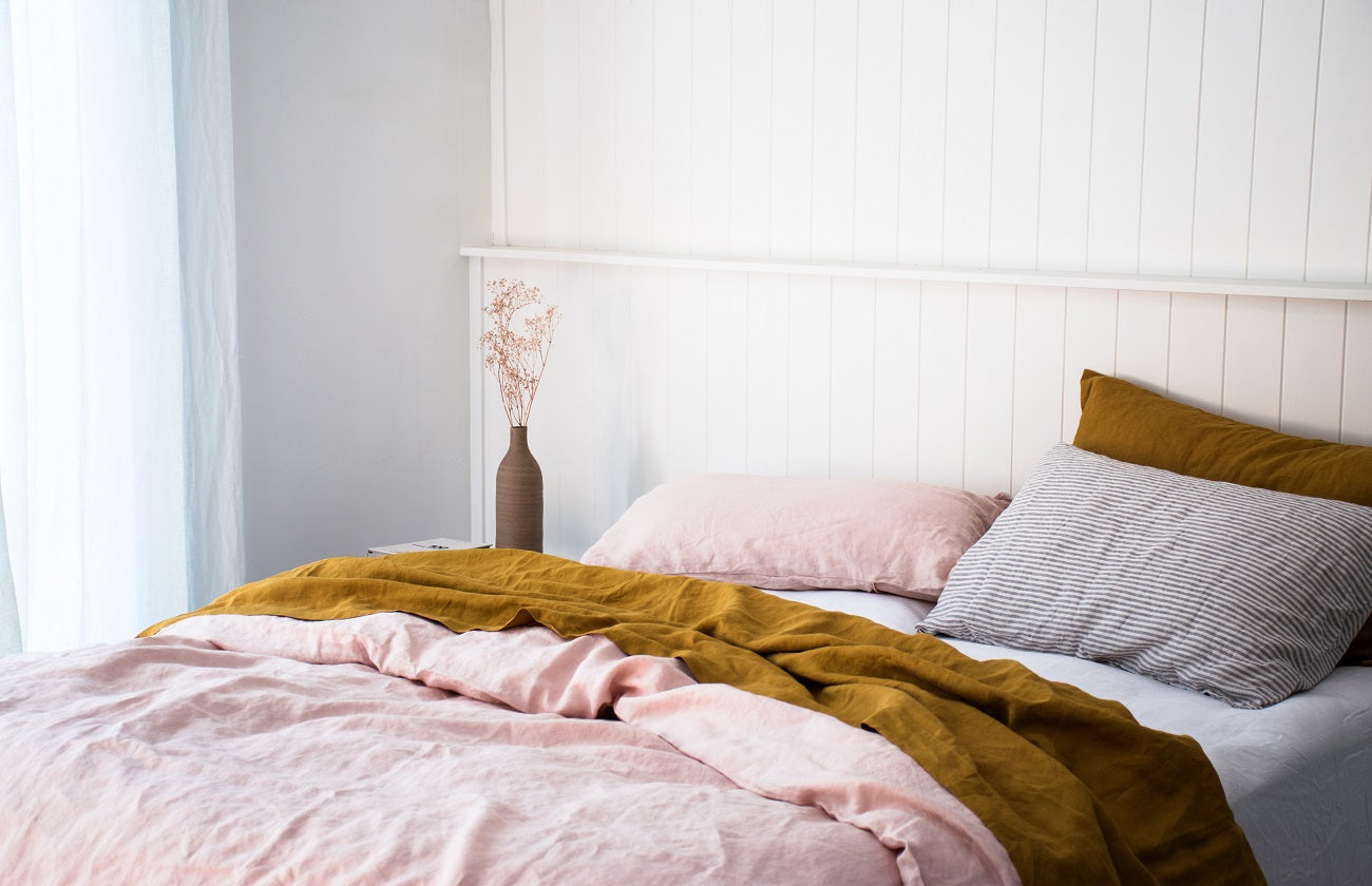 French Flax Linen Sheets in Blush and Mustard