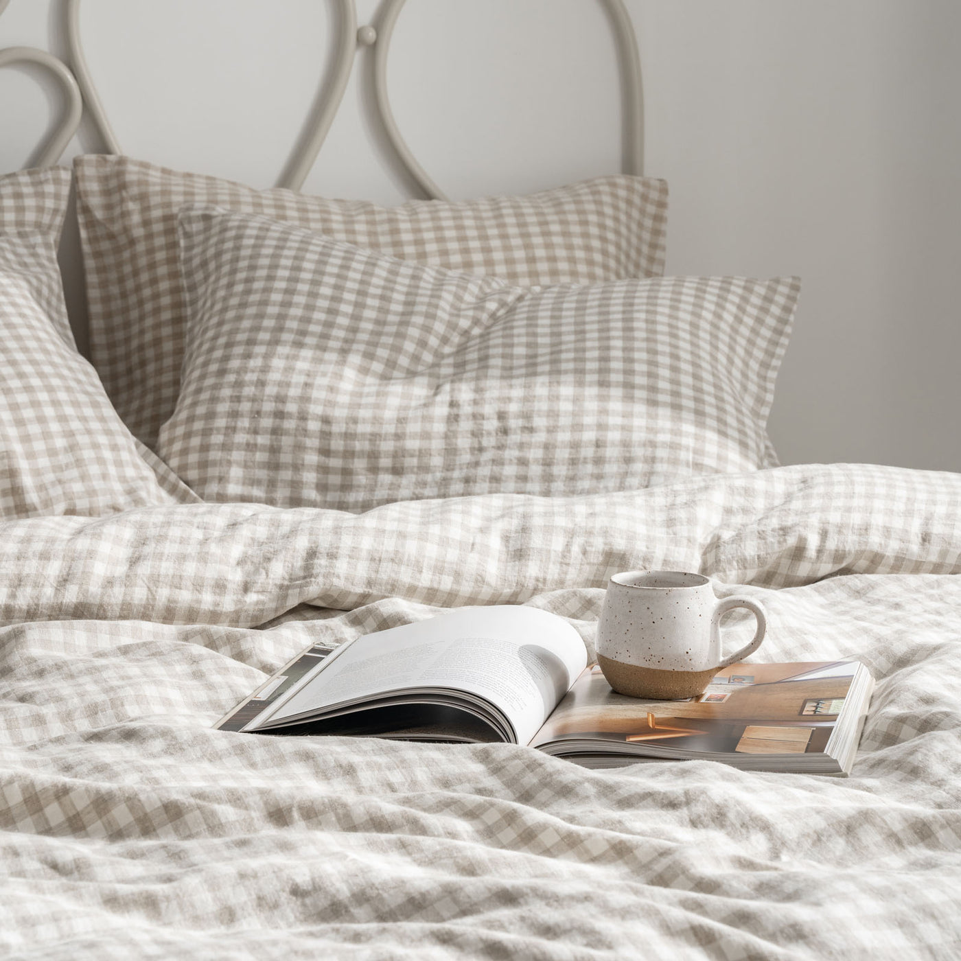 French Flax Linen Quilt Cover Set in Beige Gingham