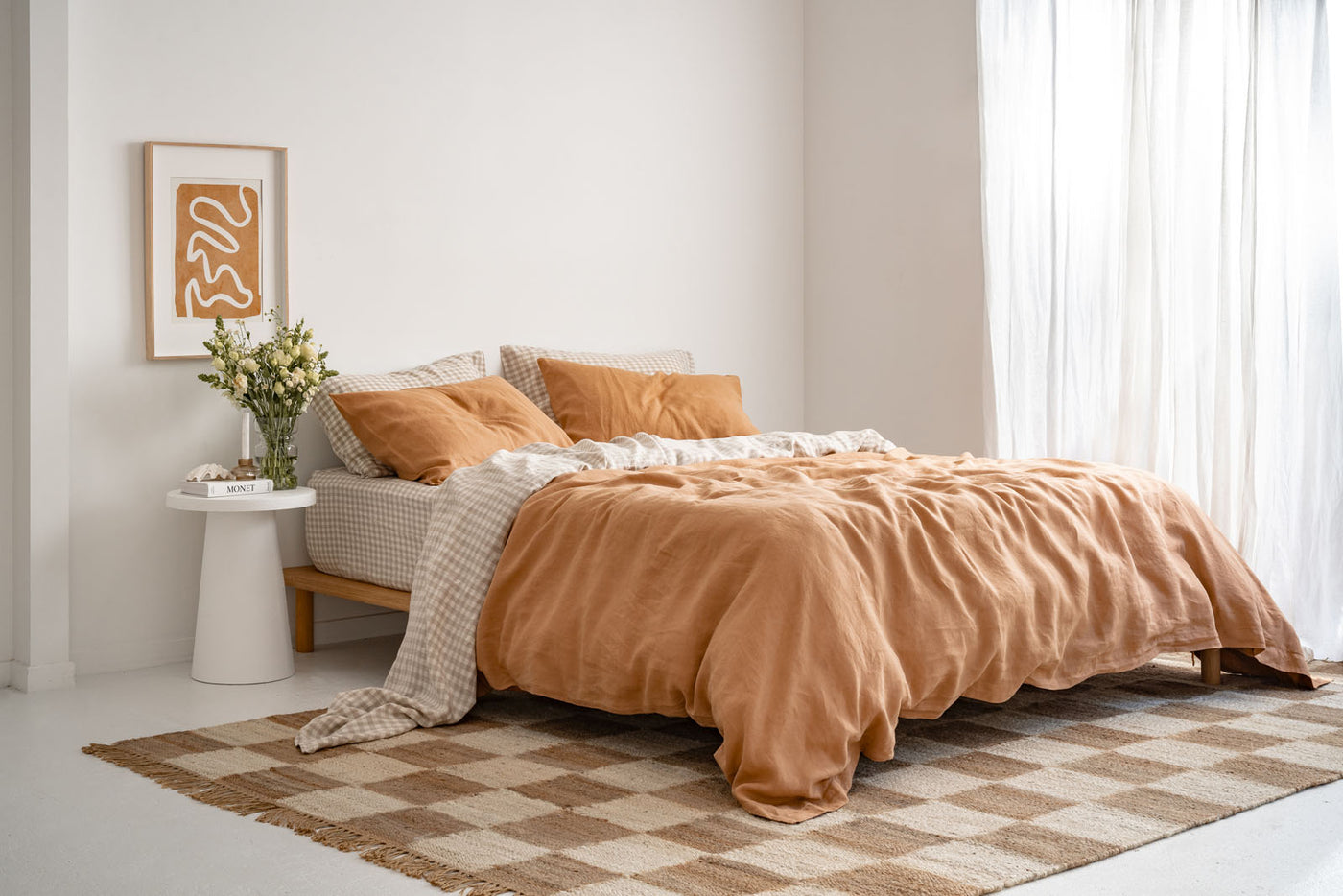 French Flax Linen Sheet Set in Beige Gingham