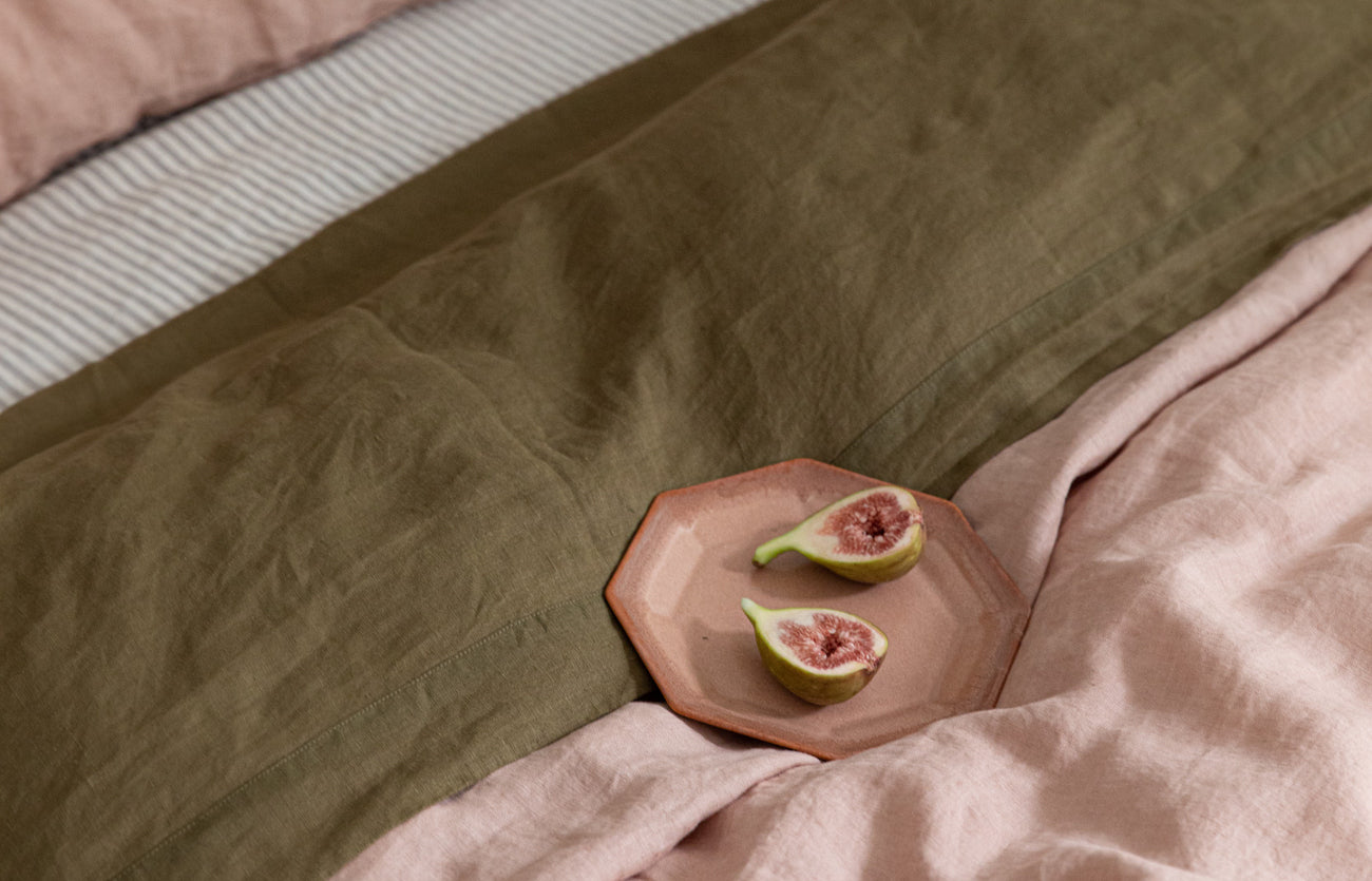 French linen, lookbook, clay, olive, stripe, bedding