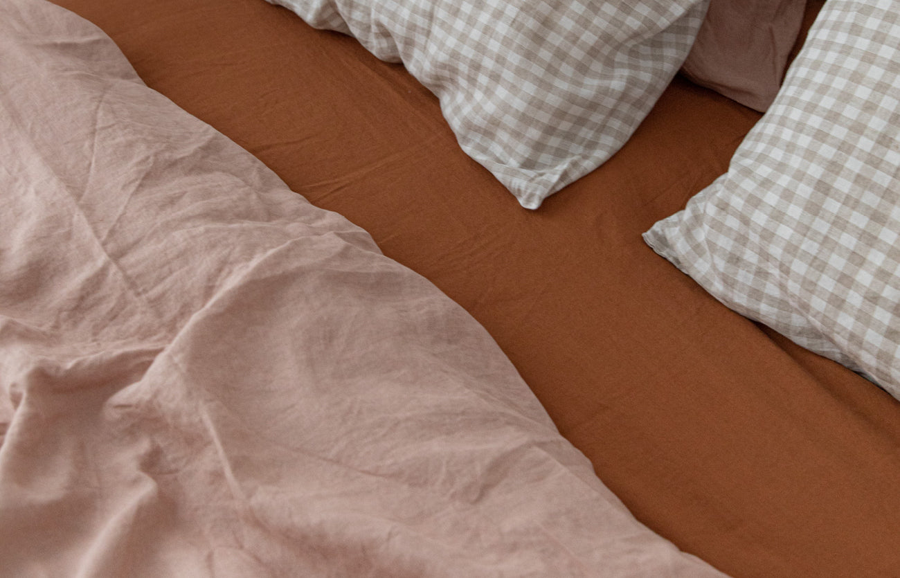 French linen, lookbook, clay, ochre, beige gingham, bedding