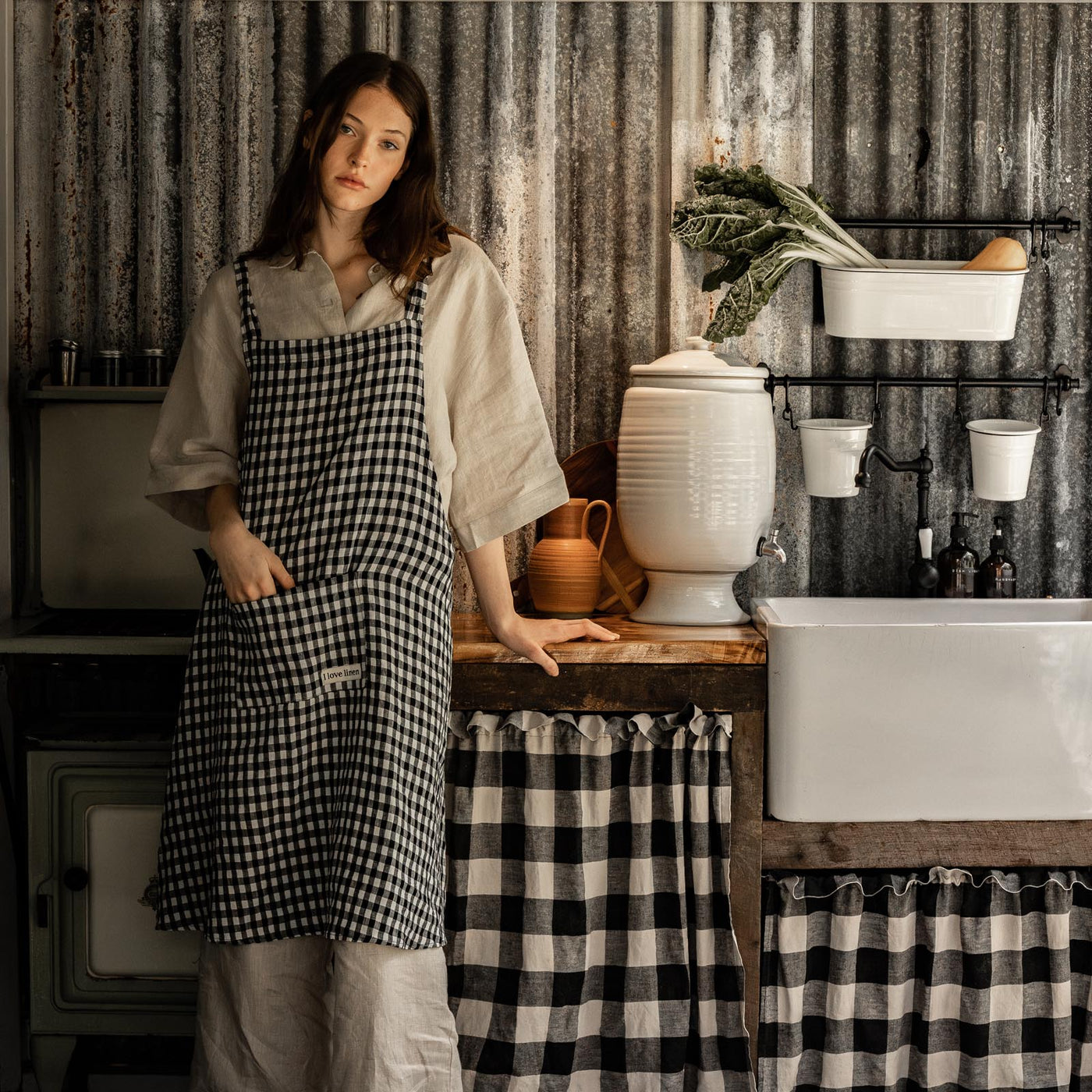 French Flax Linen Apron in Charcoal Gingham