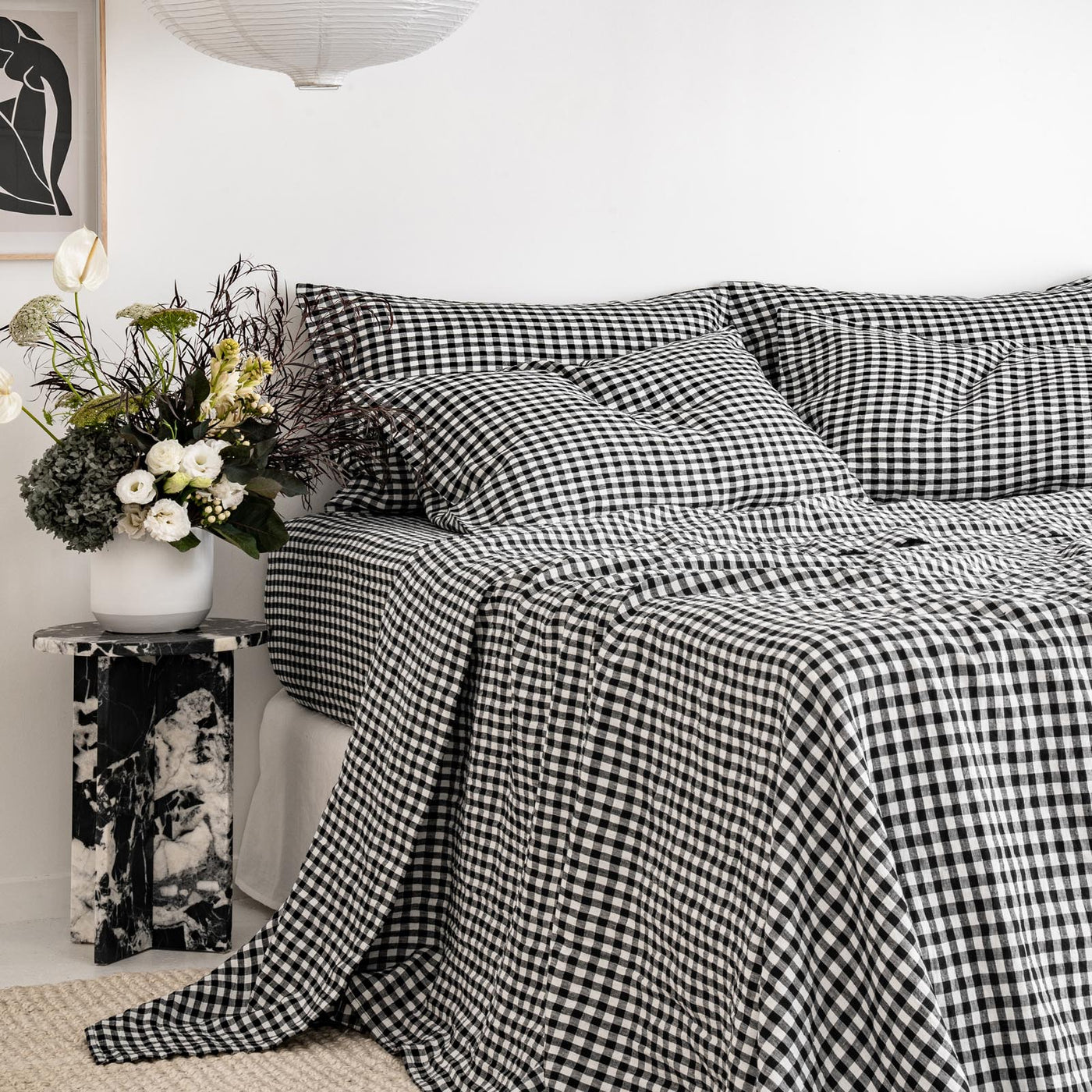 French Flax Linen Fitted Sheet in Charcoal Gingham