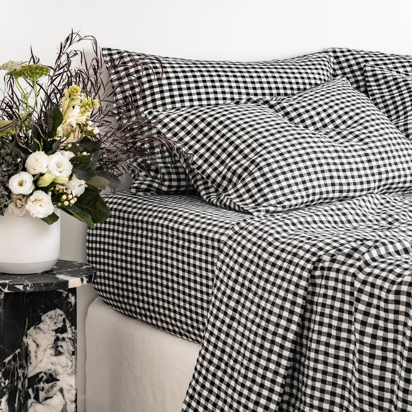 French Flax Linen Pillowcase Set in Charcoal Gingham