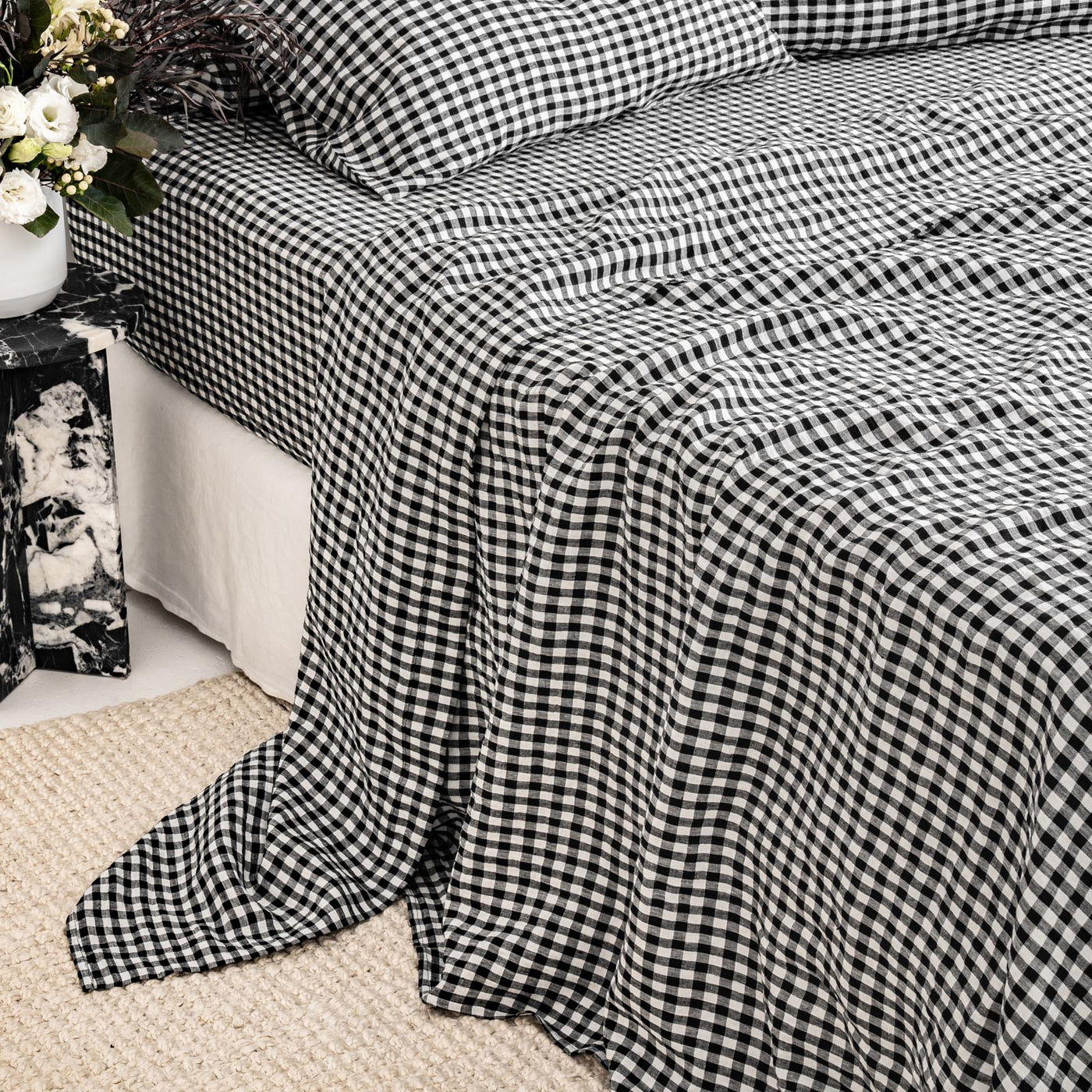 French Flax Linen Flat Sheet in Charcoal Gingham