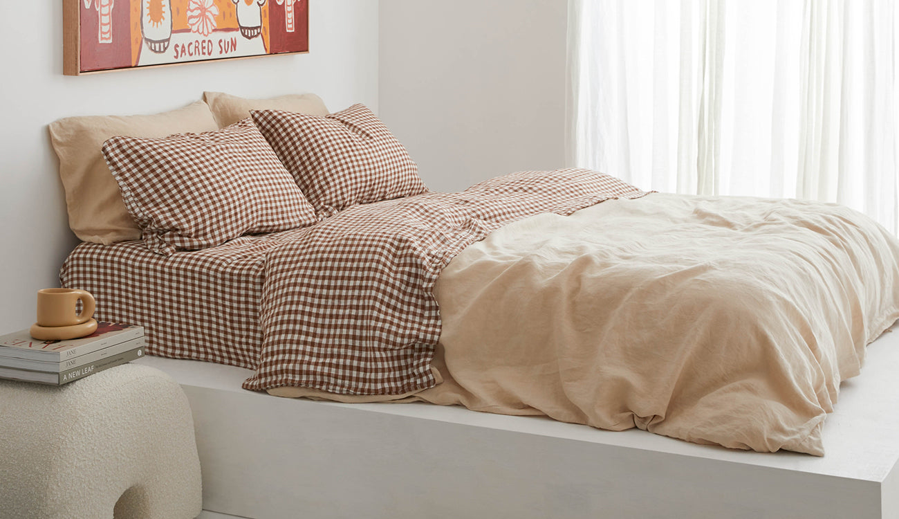 French linen, lookbook, cocoa gingham, bedding