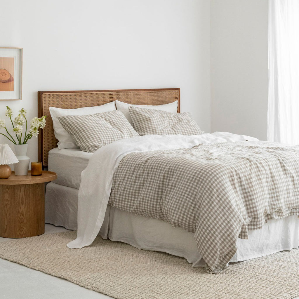 French Flax Linen Quilt Cover Set in Beige Gingham