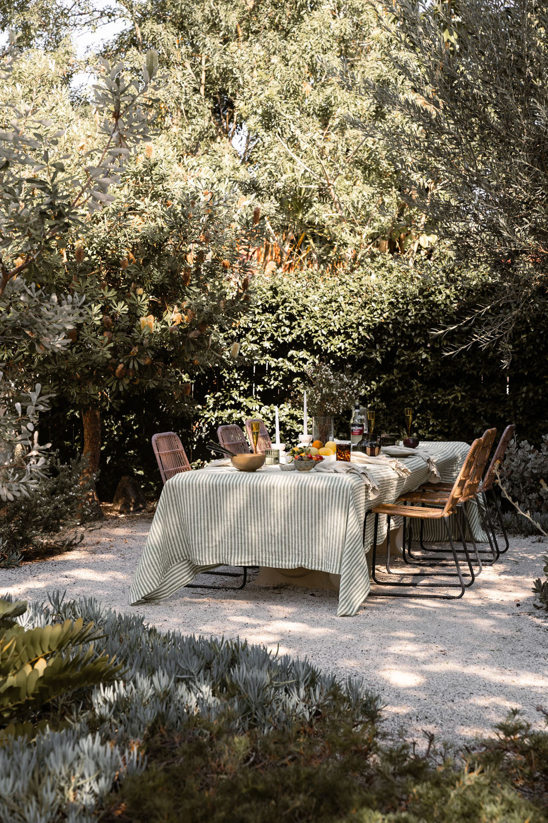 French Flax Linen Table Cloth in Ivy Stripe