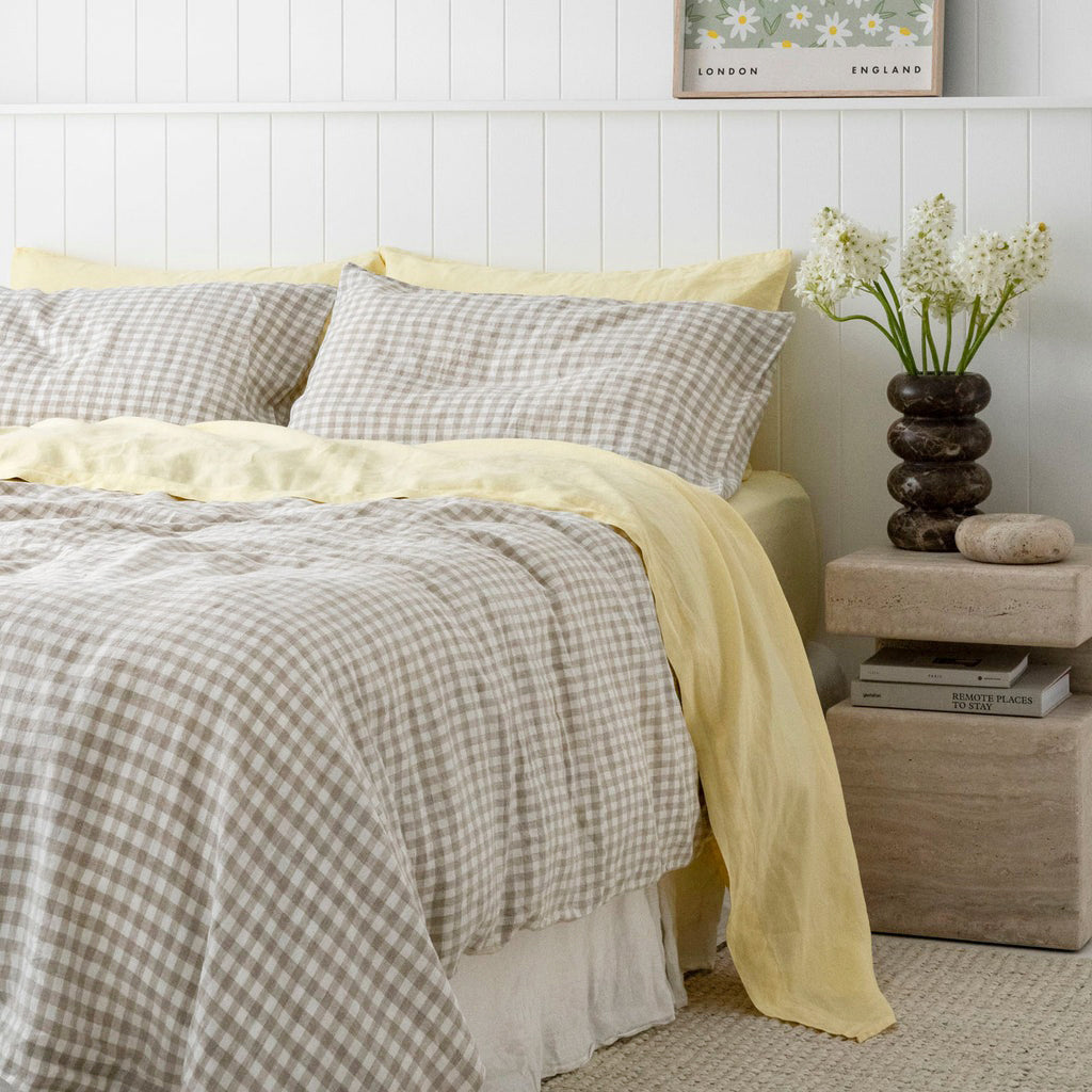 French Flax Linen Quilt Cover Set in Beige Gingham