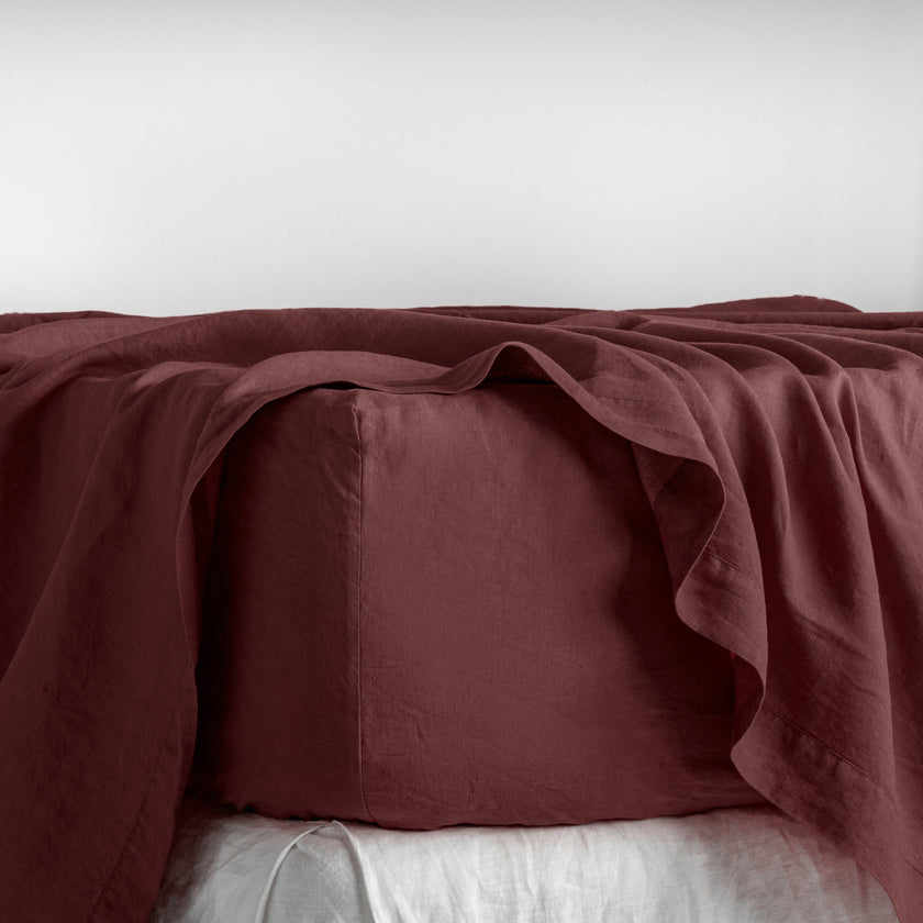 French Flax Linen Fitted Sheet in Cherrywood