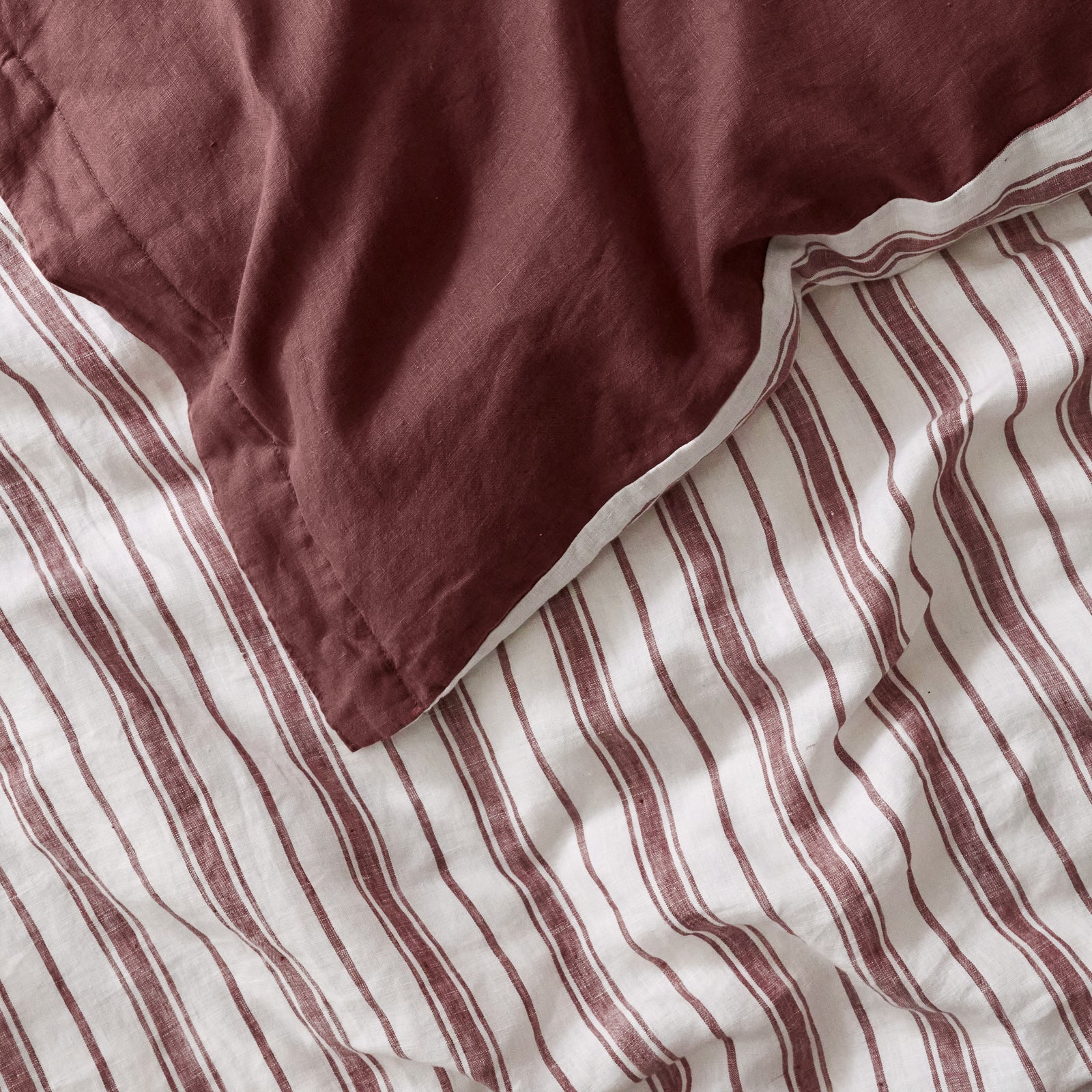 French Flax Linen Double Sided Quilt Cover Set in Cherrywood/Cherrywood Stripe