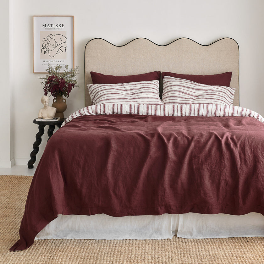 French Flax Linen Double Sided Quilt Cover in Cherrywood/Cherrywood Stripe