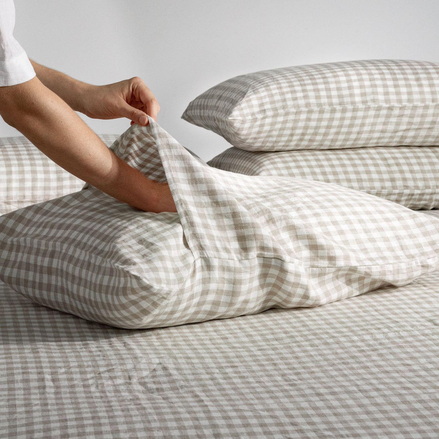 French Flax Linen Quilt Cover Set in Beige Gingham