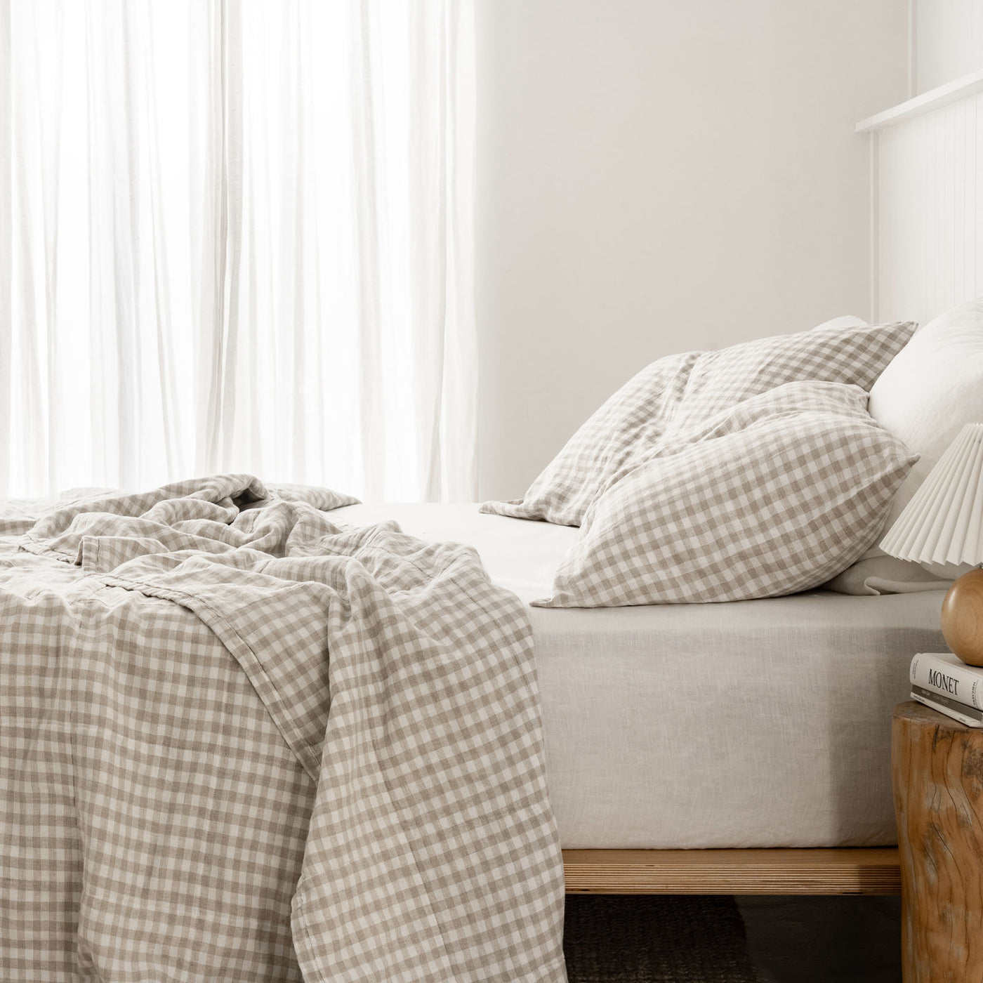 French Flax Linen Queen/King Quilted Coverlet in Beige Gingham