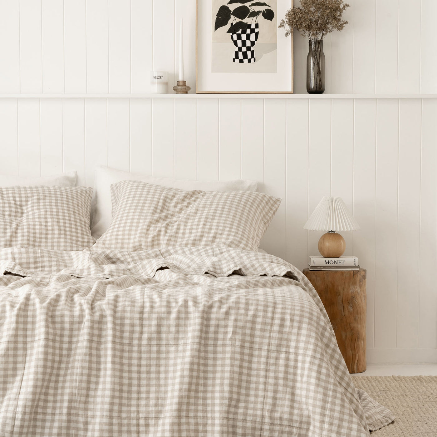 French Flax Linen Queen/King Quilted Coverlet in Beige Gingham