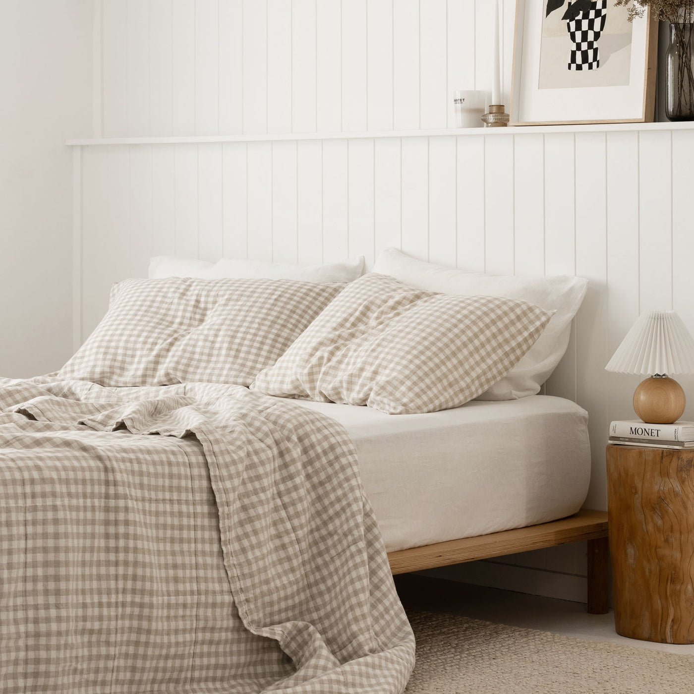 French Flax Linen Queen/King Quilted Coverlet in Beige Gingham