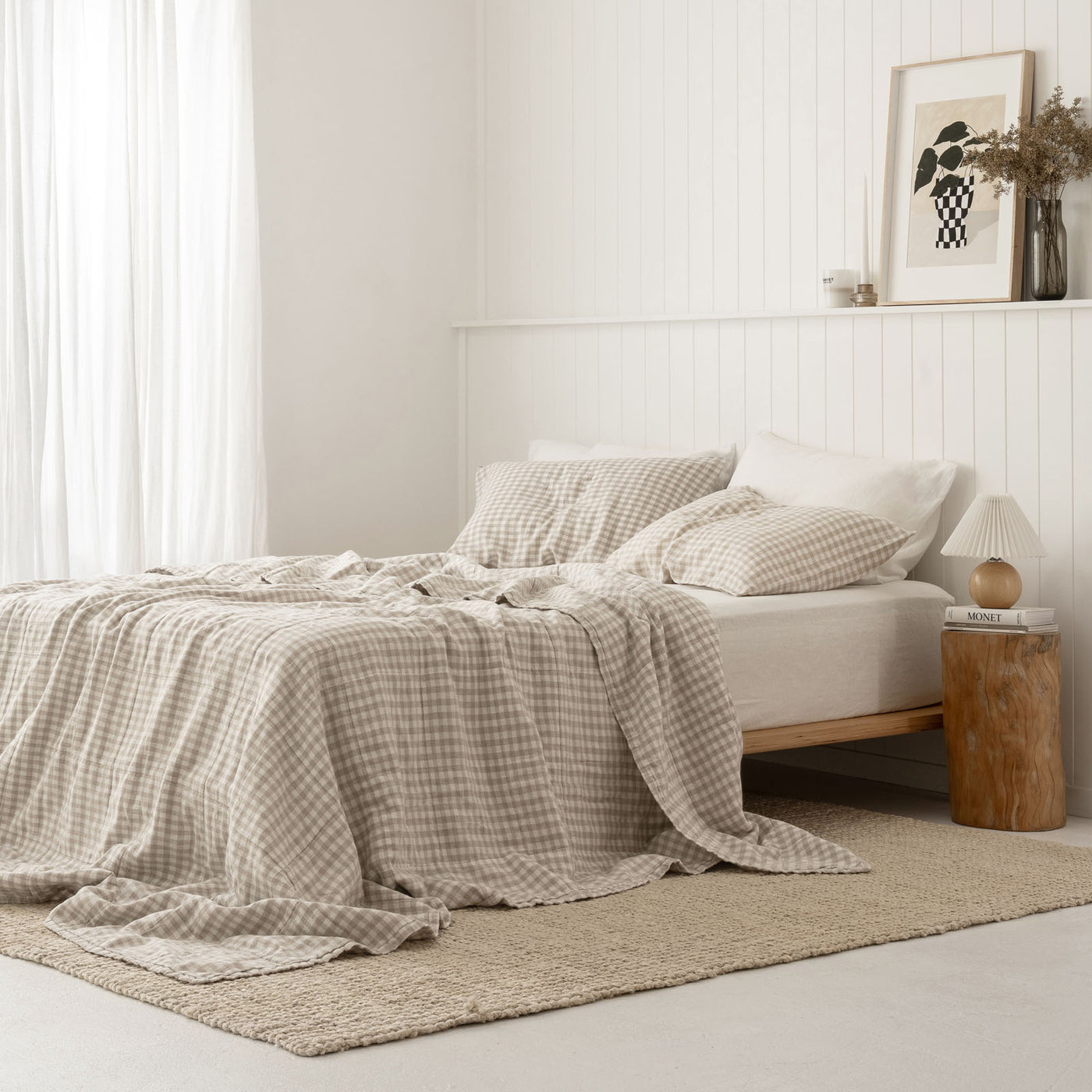 French Flax Linen Queen/King Quilted Coverlet in Beige Gingham