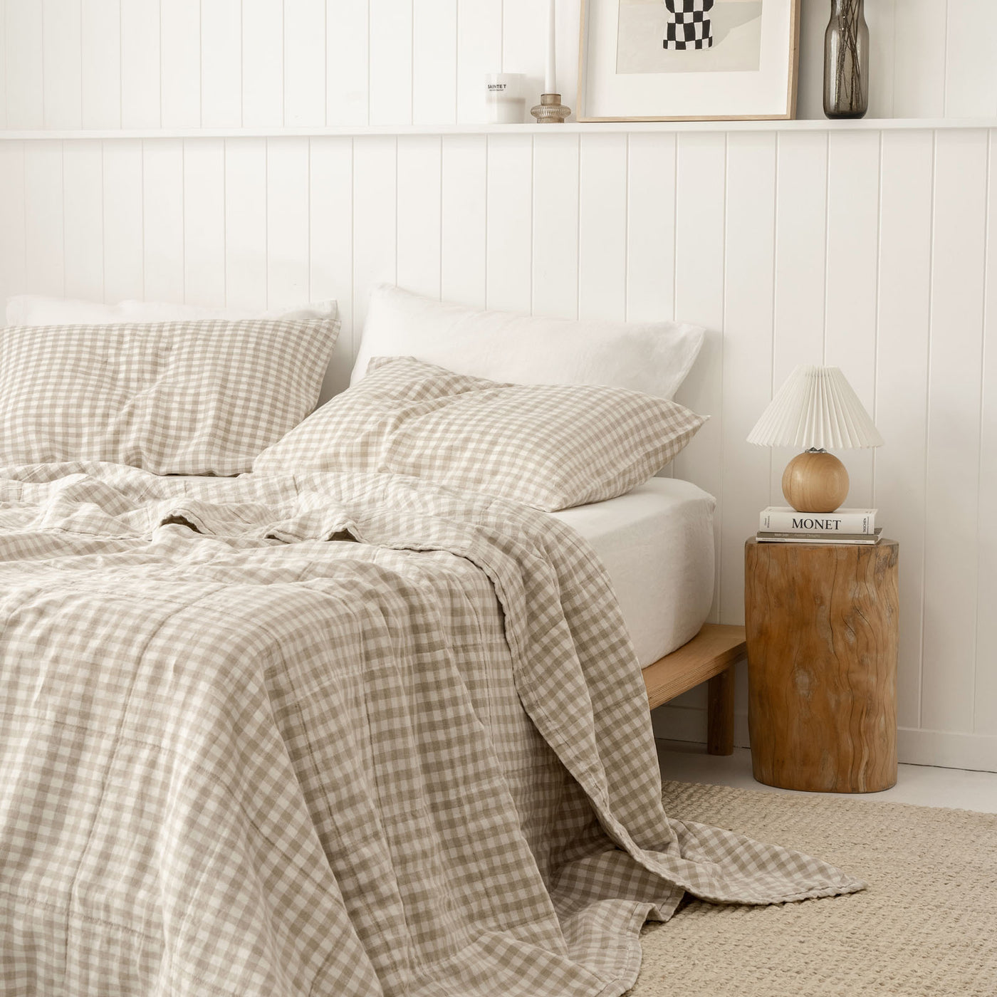 French Flax Linen Queen/King Quilted Coverlet in Beige Gingham