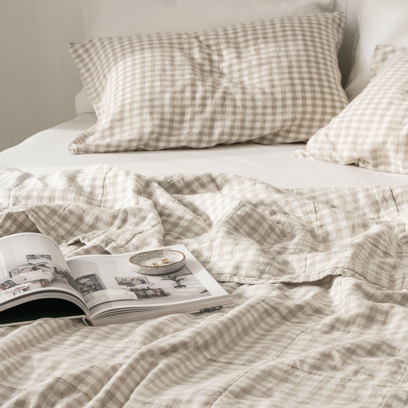 French Flax Linen Queen/King Quilted Coverlet in Beige Gingham