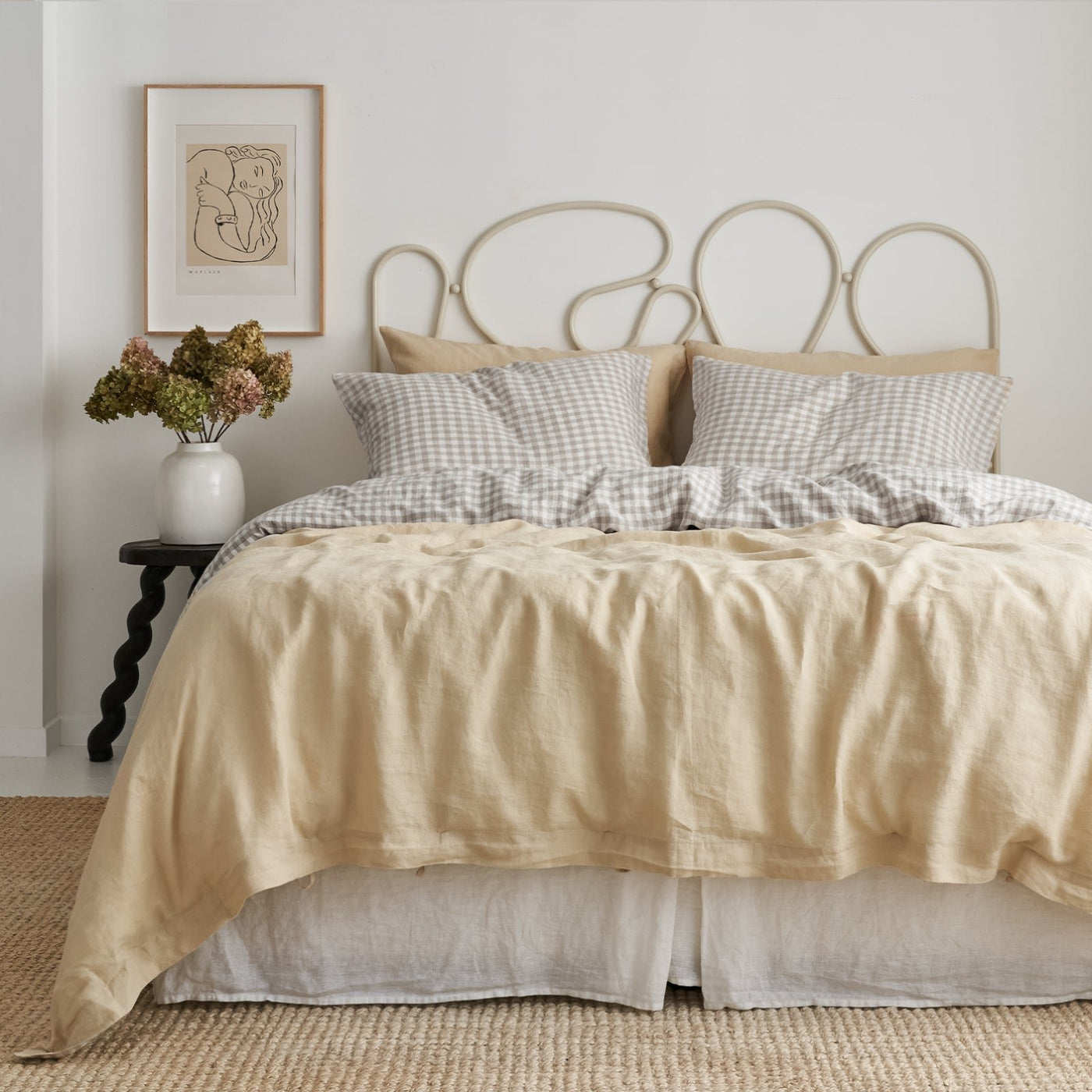 French Flax Linen Double Sided Quilt Cover in Creme/Beige Gingham