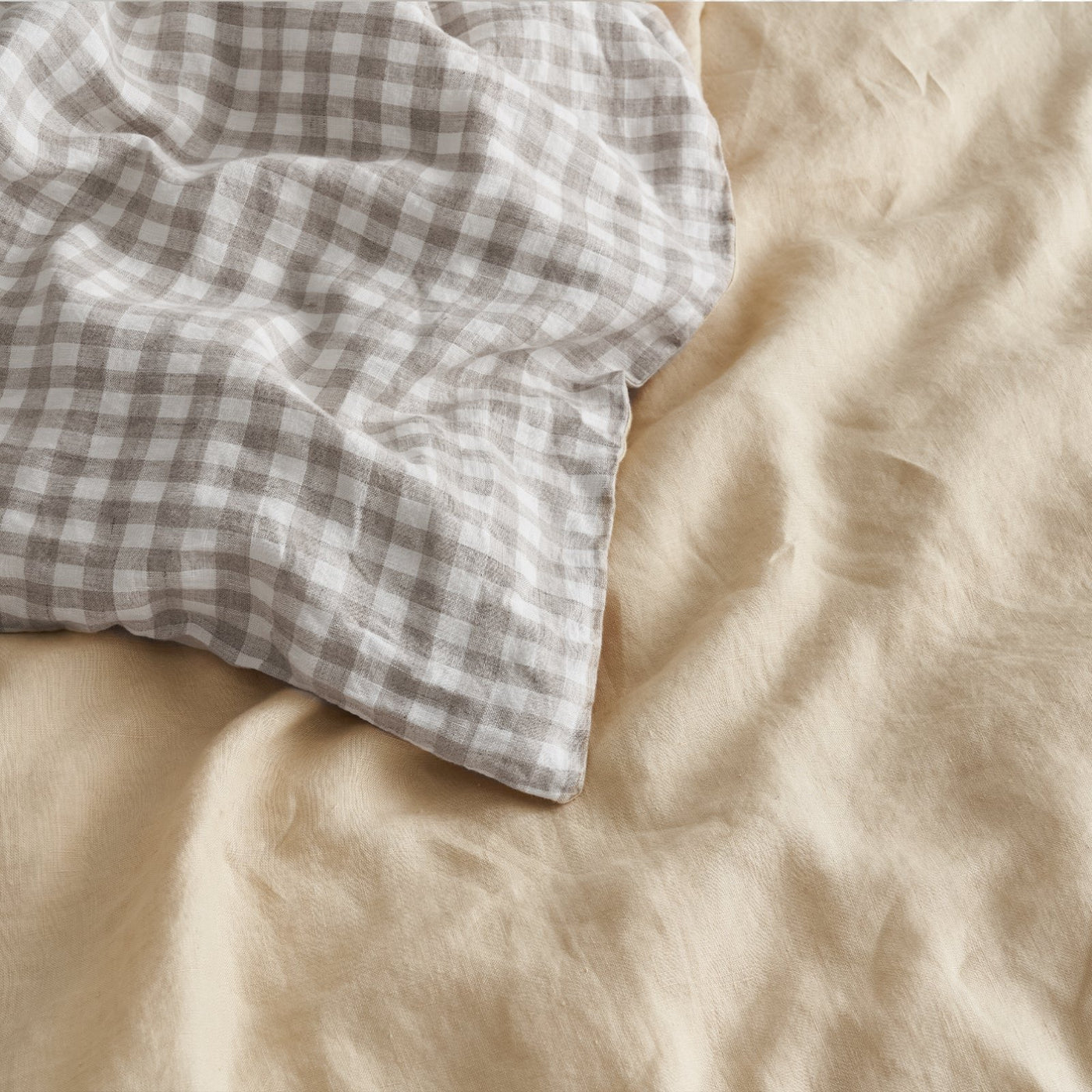 French Flax Linen Double Sided Quilt Cover in Creme/Beige Gingham
