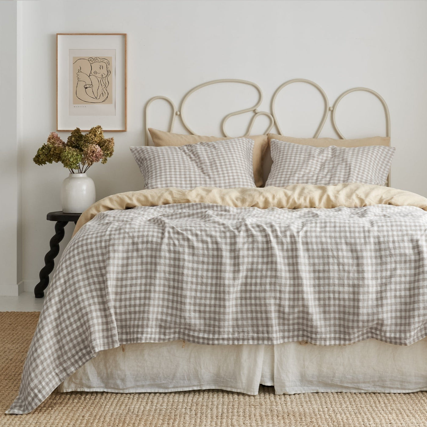 French Flax Linen Double Sided Quilt Cover in Creme/Beige Gingham