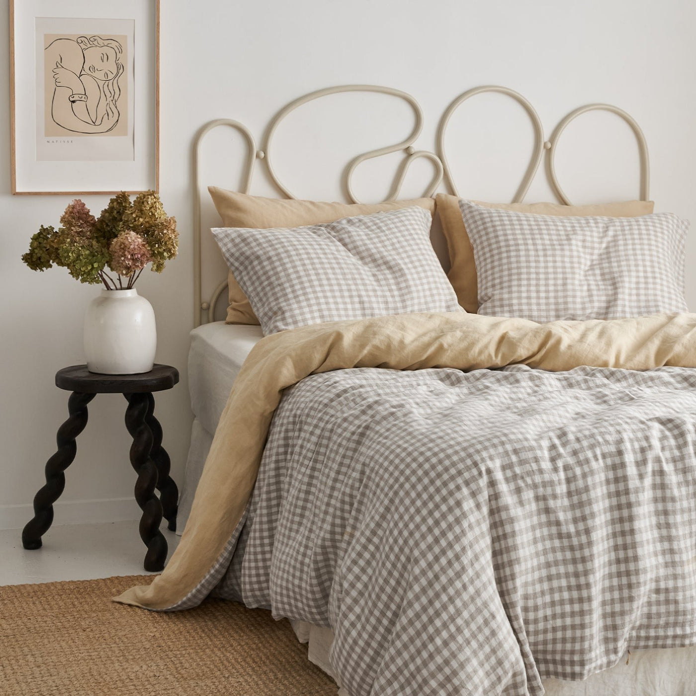 French Flax Linen Double Sided Quilt Cover in Creme/Beige Gingham