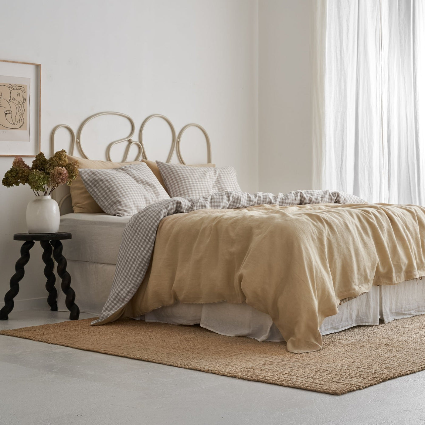 French Flax Linen Double Sided Quilt Cover in Creme/Beige Gingham