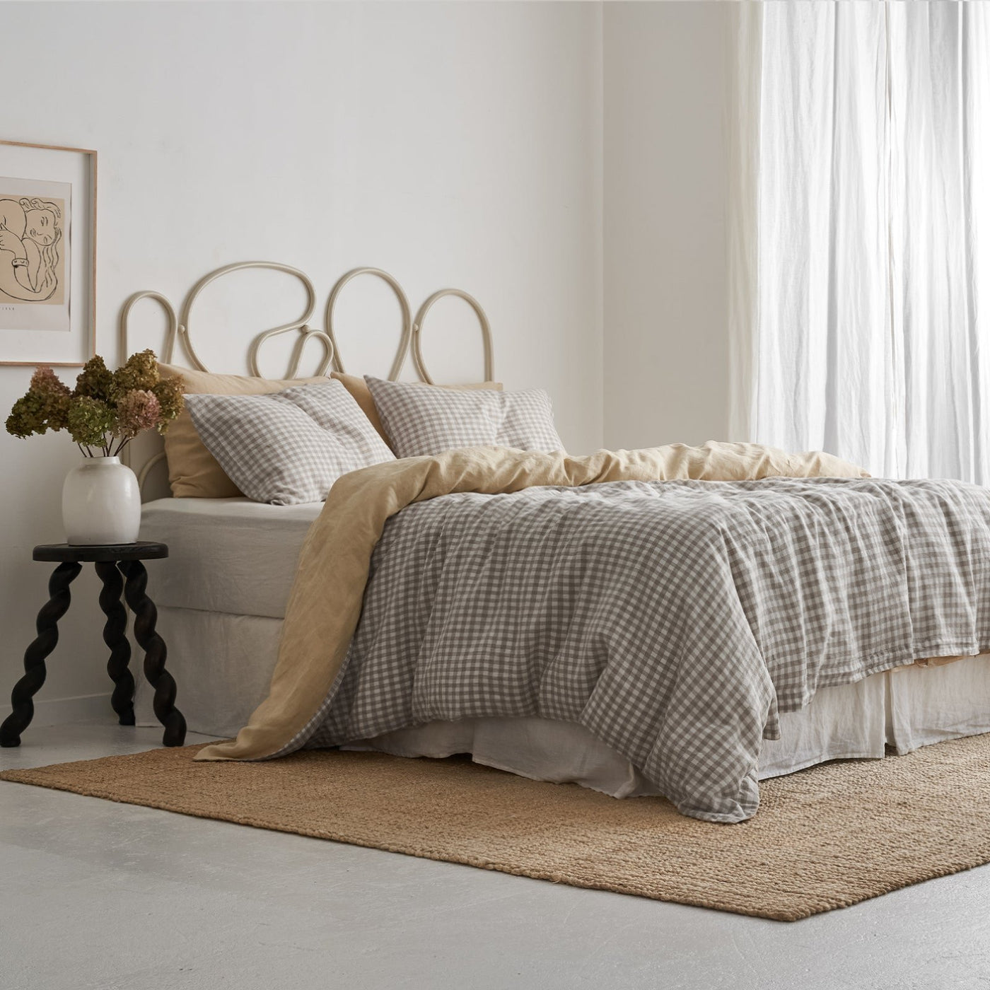 French Flax Linen Double Sided Quilt Cover in Creme/Beige Gingham