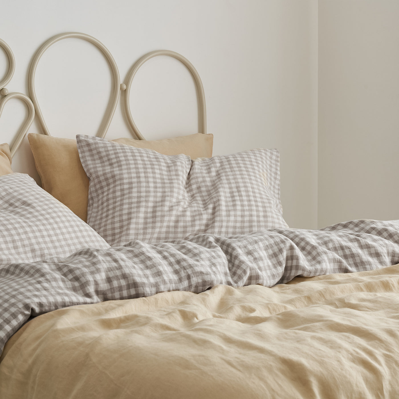 French Flax Linen Double Sided Quilt Cover in Creme/Beige Gingham