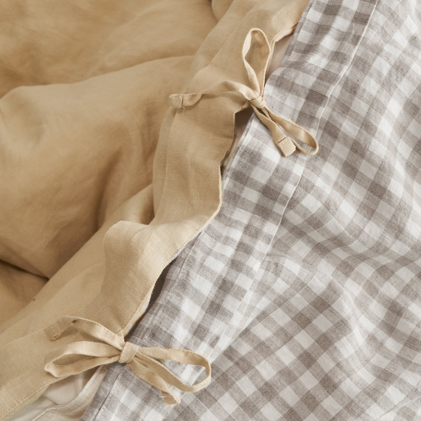 French Flax Linen Double Sided Quilt Cover in Creme/Beige Gingham