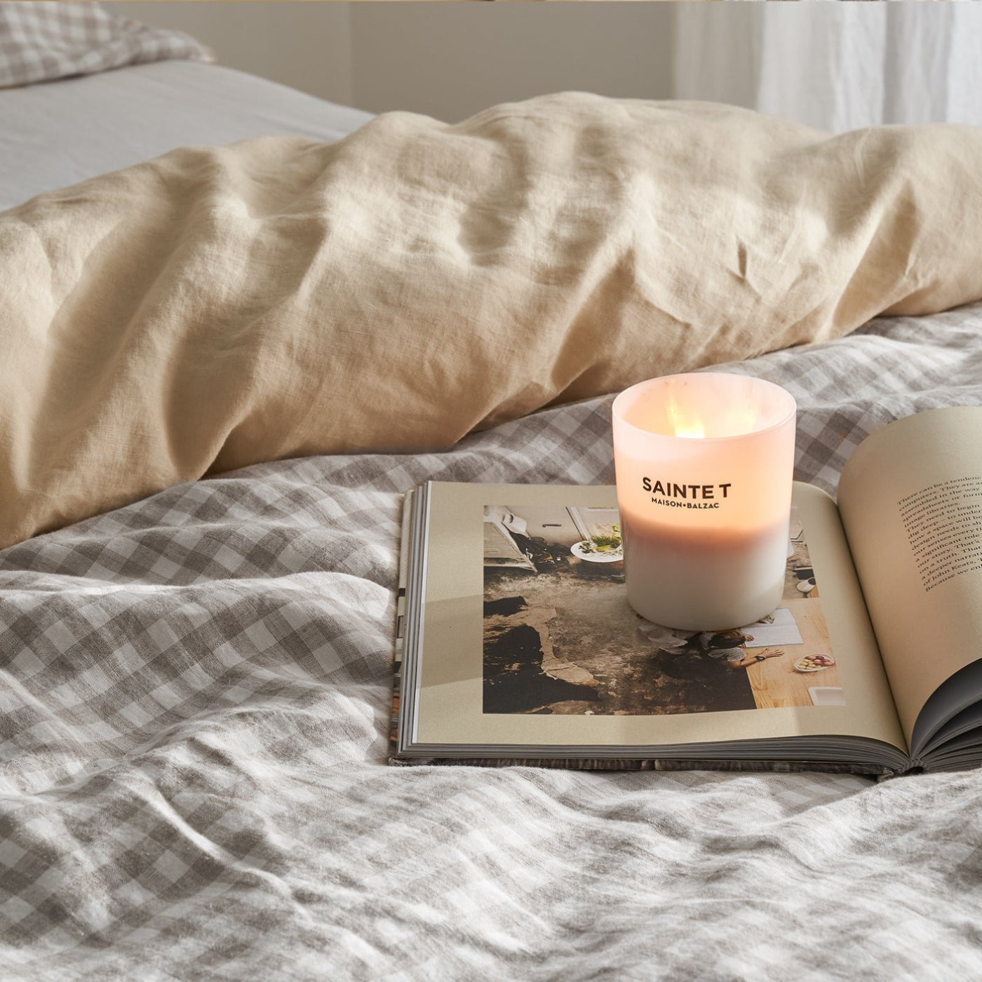 French Flax Linen Double Sided Quilt Cover in Creme/Beige Gingham