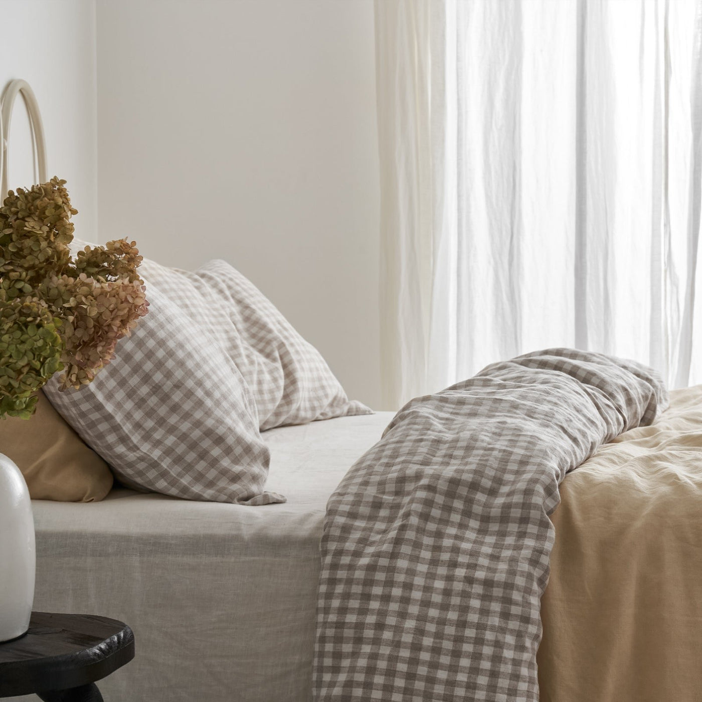 French Flax Linen Double Sided Quilt Cover in Creme/Beige Gingham