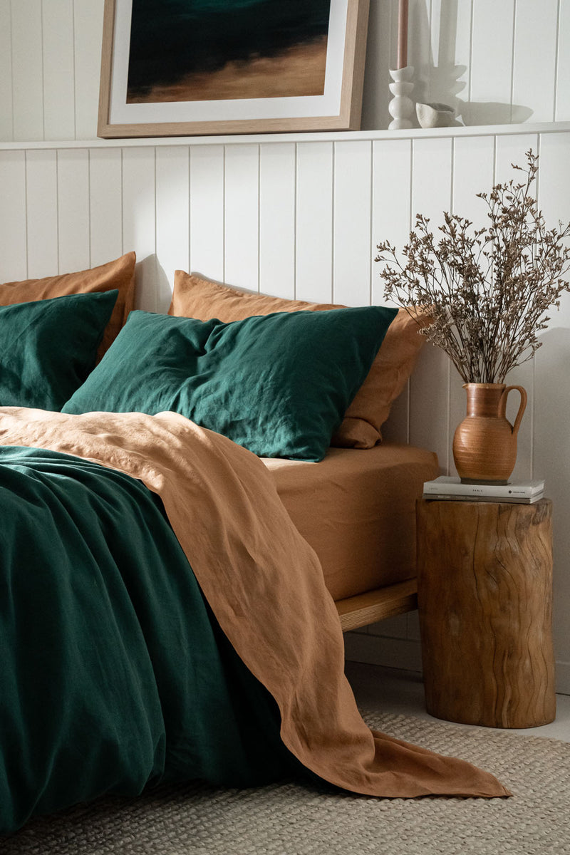 Linen Bedding in Jade and Sandalwood