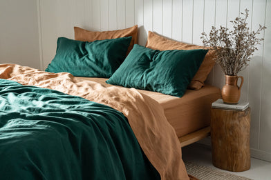 Linen Bedding and Linen Pillow Cases in Jade and Sandalwood