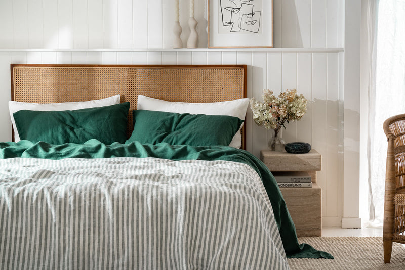 Linen Bedding in Jade and Sage Stripe