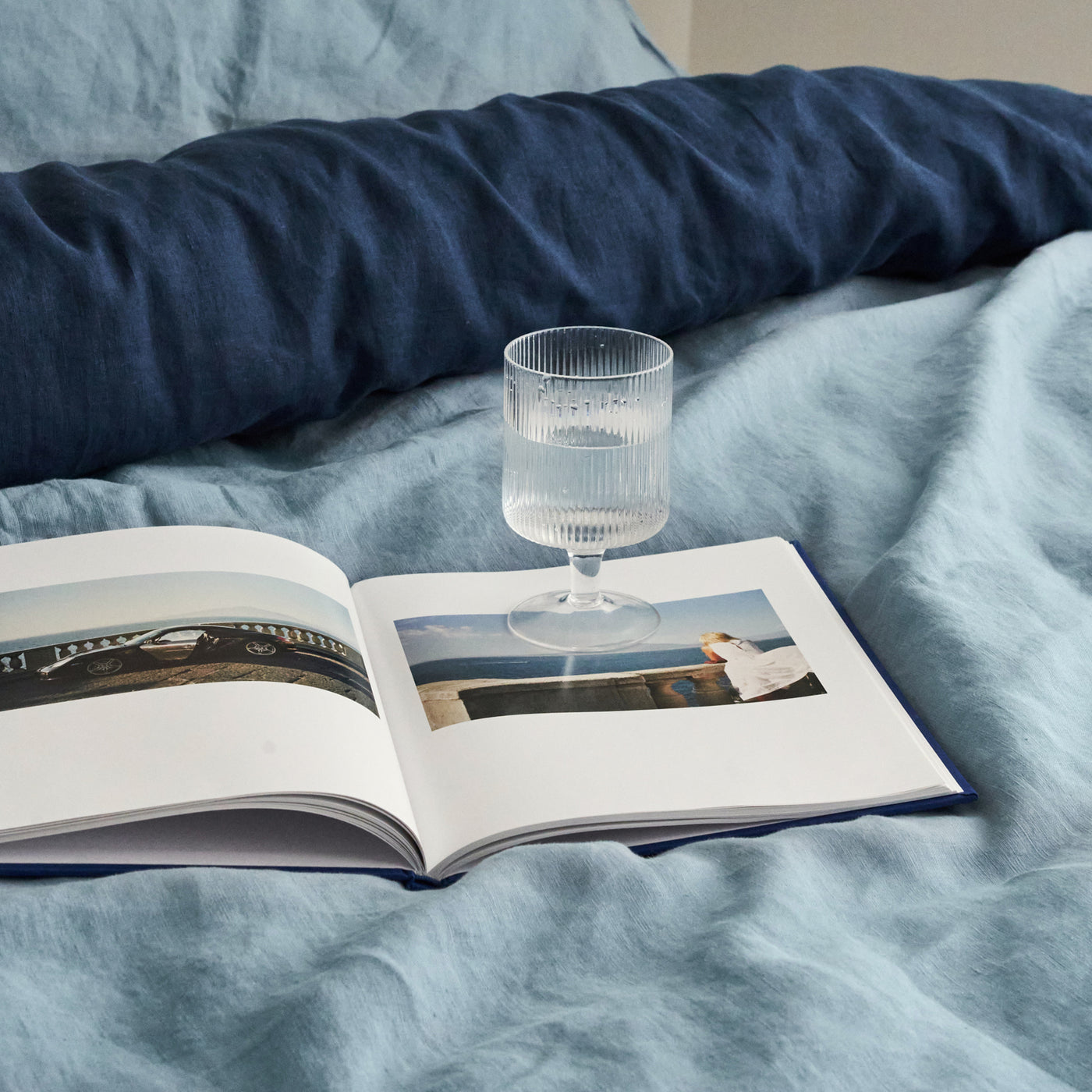 French Flax Linen Double Sided Quilt Cover Set in Indigo/Marine Blue
