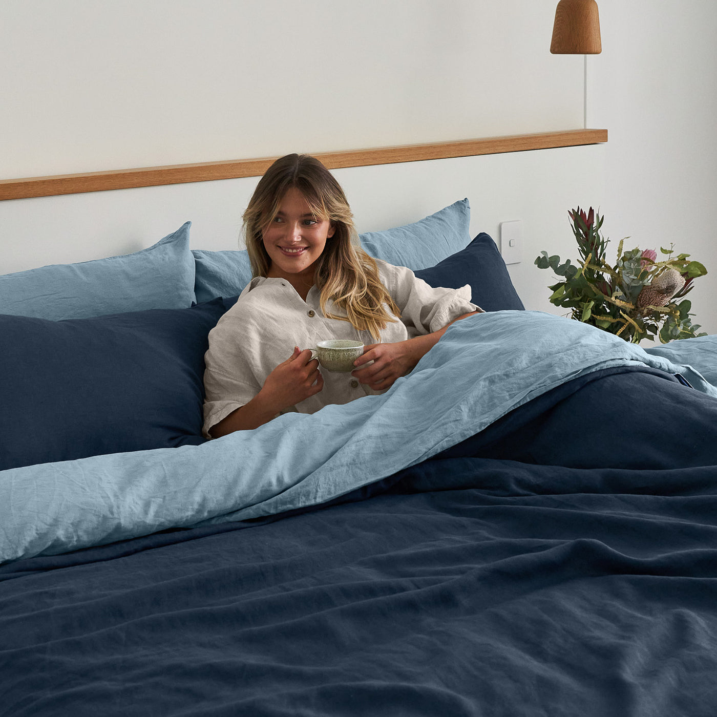 French Flax Linen Double Sided Quilt Cover Set in Indigo/Marine Blue