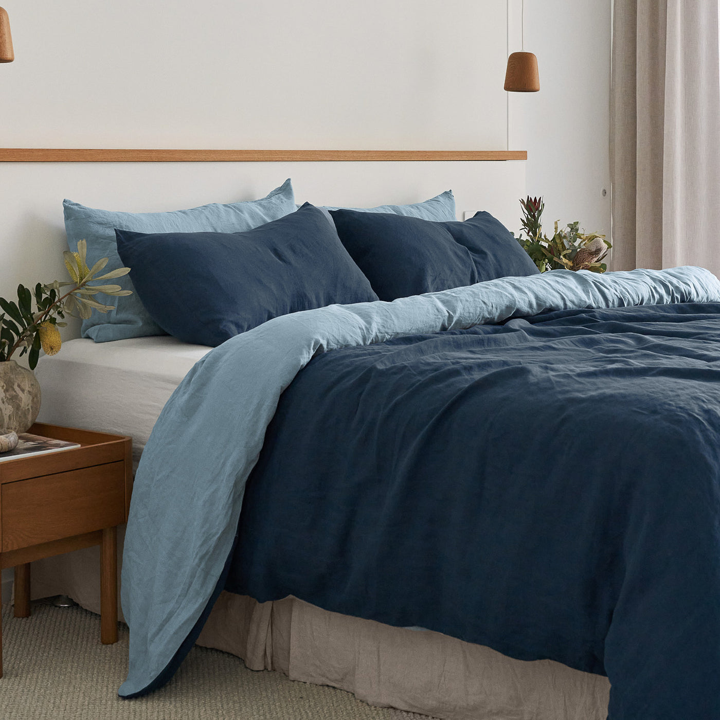 French Flax Linen Double Sided Quilt Cover Set in Indigo/Marine Blue