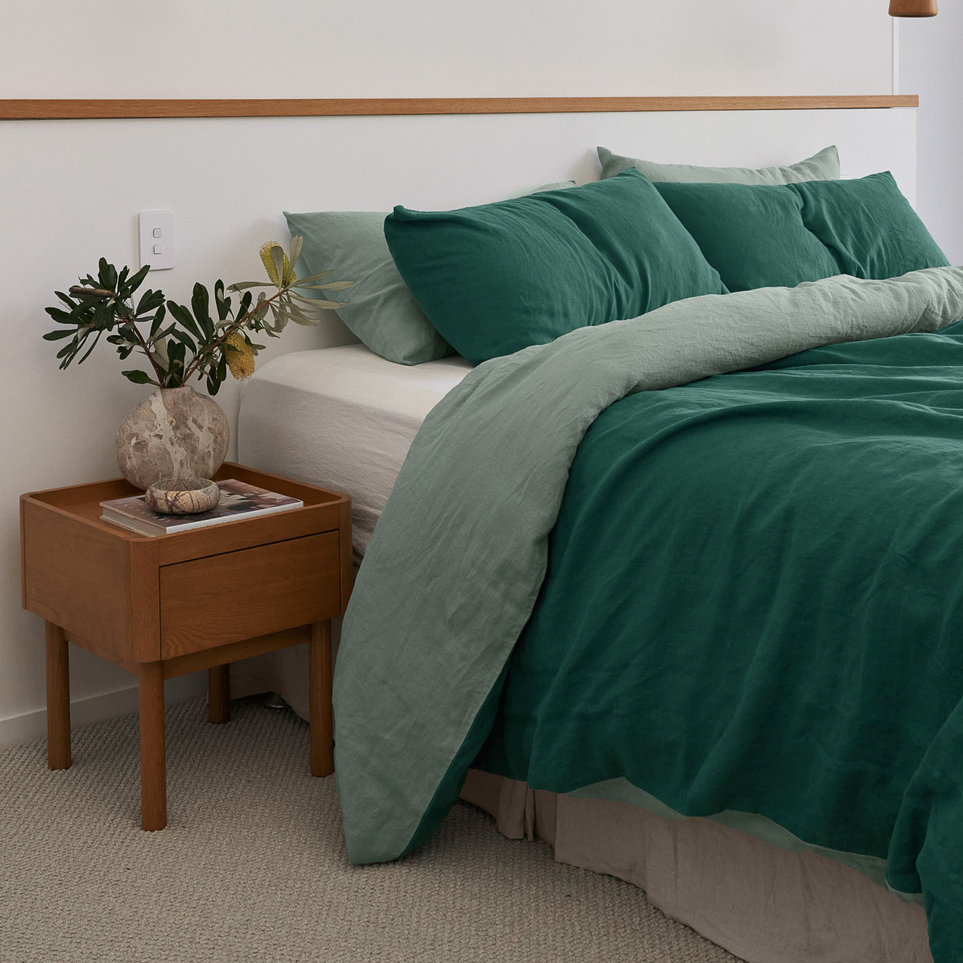 French Flax Linen Double Sided Quilt Cover Set in Sage/Jade