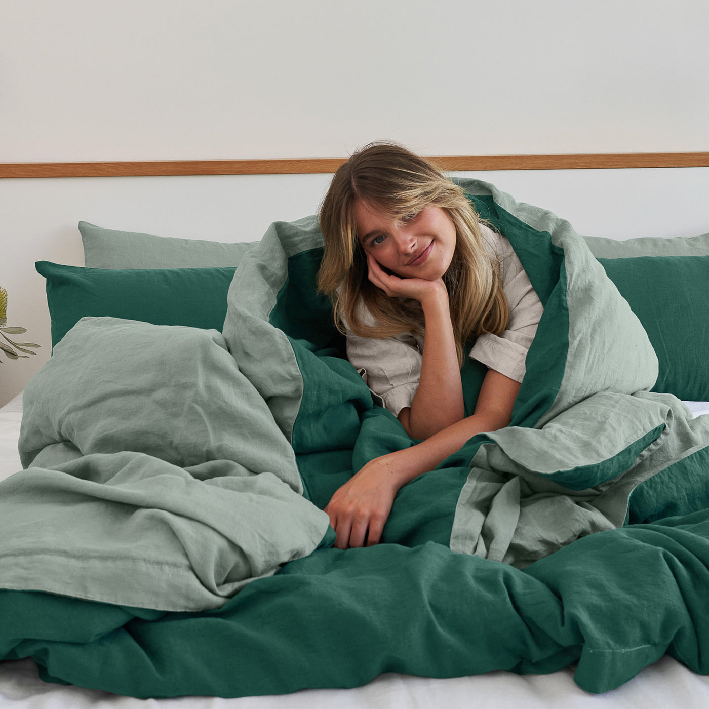 French Flax Linen Double Sided Quilt Cover Set in Sage/Jade