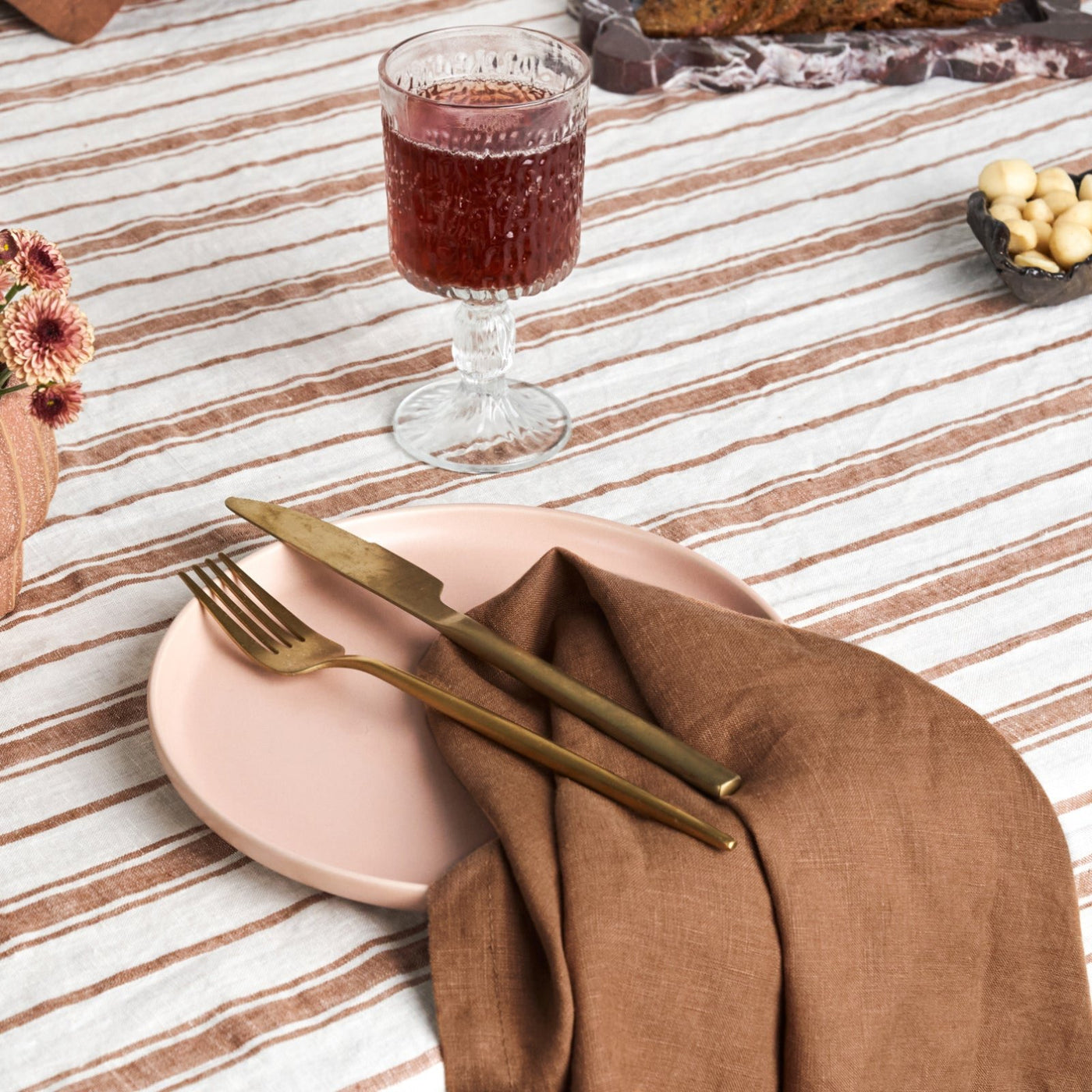 French Flax Linen Table Cloth in Hazelnut Stripe