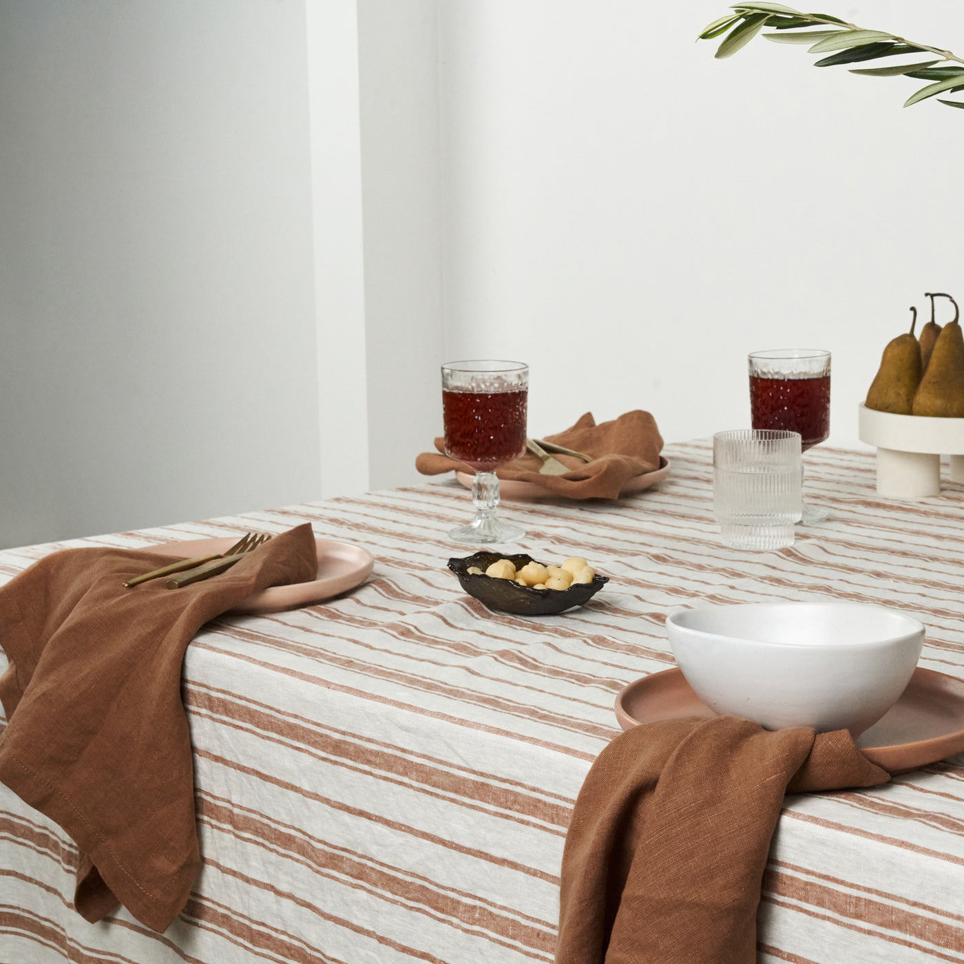 French Flax Linen Table Cloth in Hazelnut Stripe