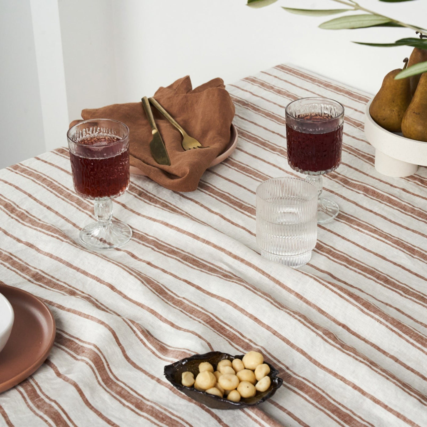 French Flax Linen Table Cloth in Hazelnut Stripe