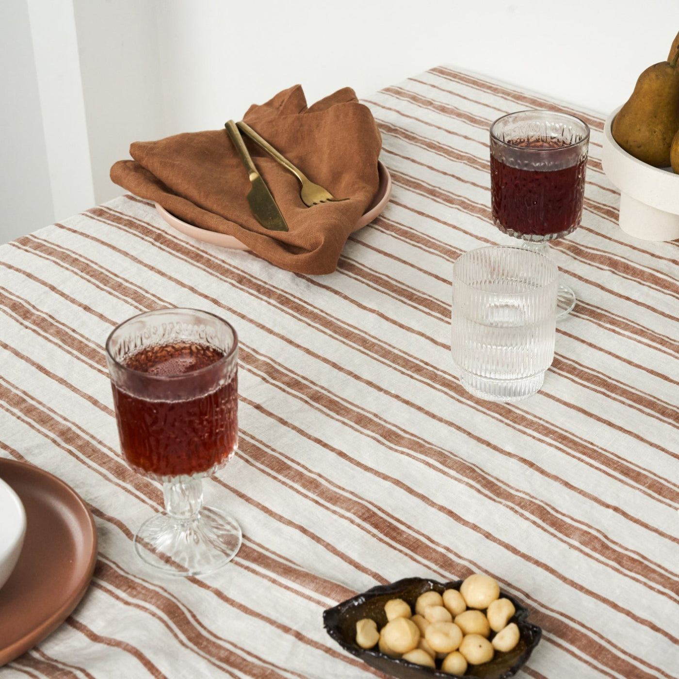 French Flax Linen Table Cloth in Hazelnut Stripe