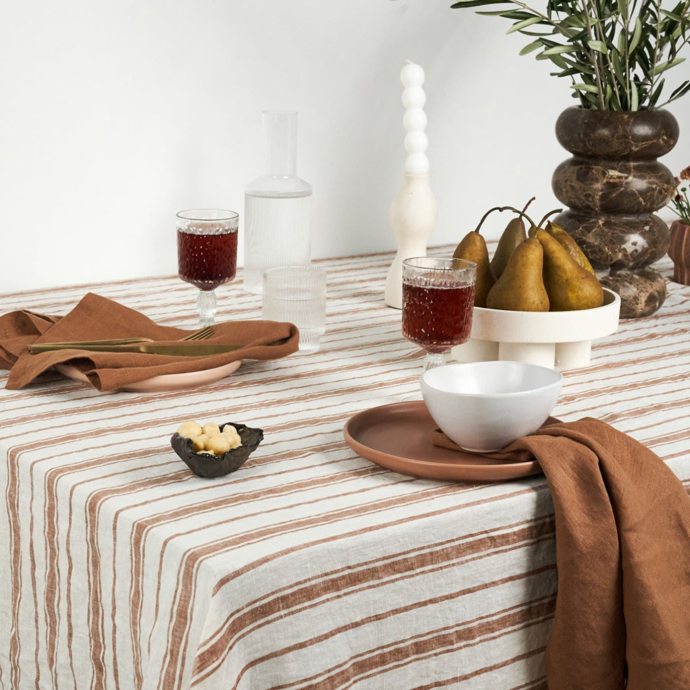 French Flax Linen Table Cloth in Hazelnut Stripe