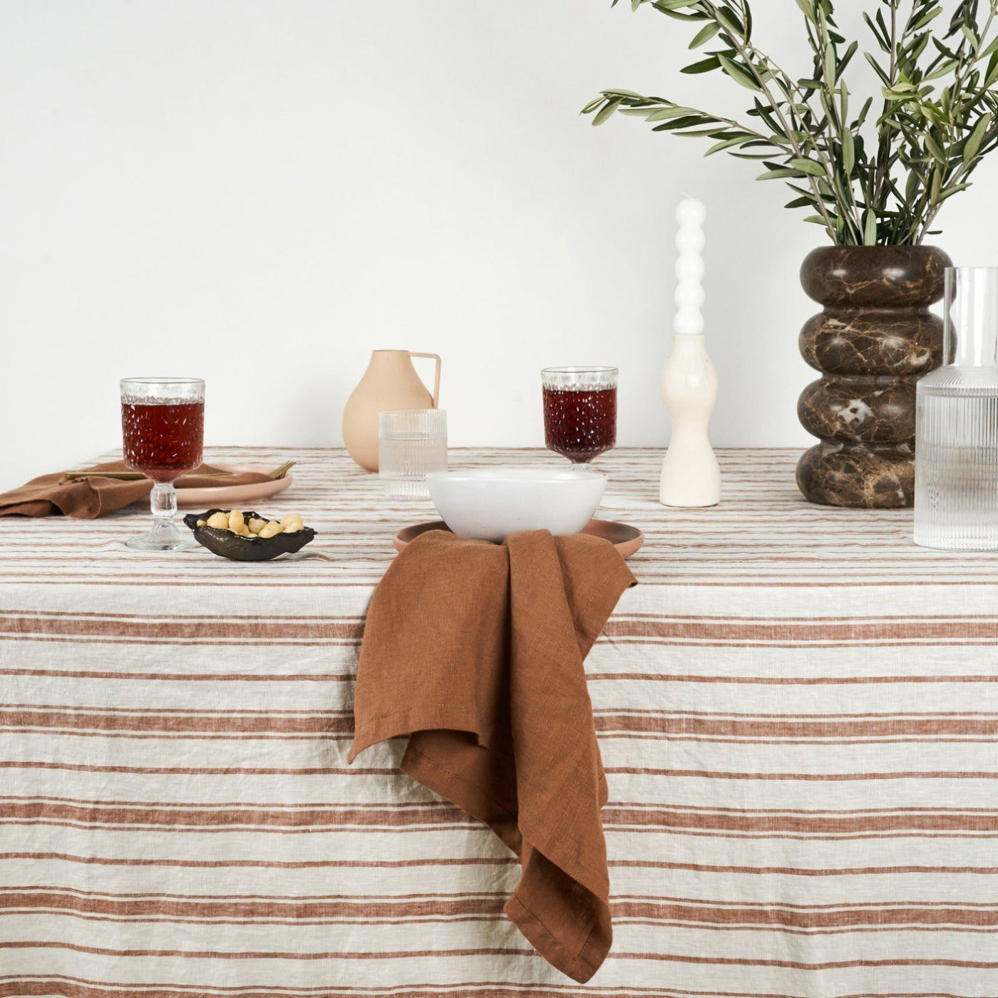 French Flax Linen Table Cloth in Hazelnut Stripe